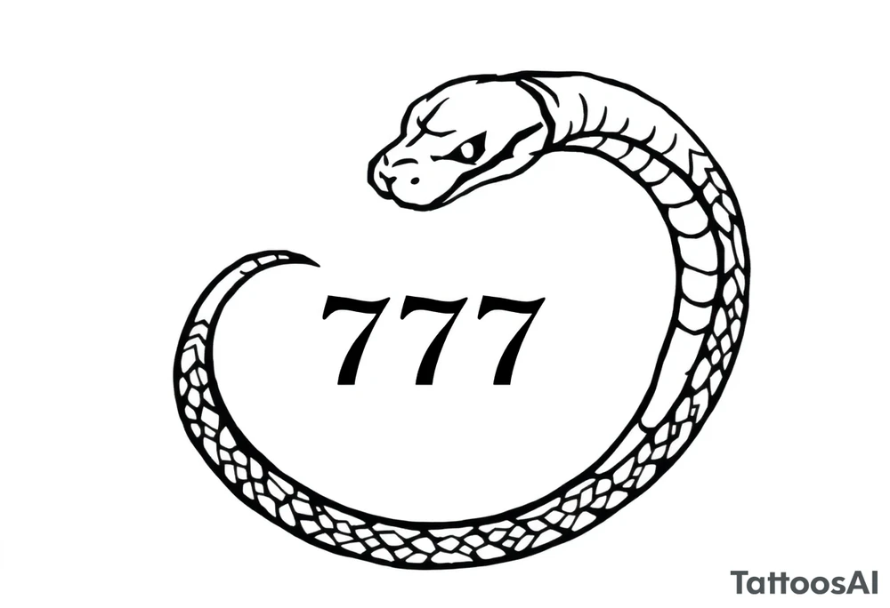 Black linework tattoo of a stylized snake with a slightly menacing or focused expression, curving in an S-shape with its body wrapping around or framing the number 777. The number should be bold and centered within the lower coil. No shading, just clean, sharp outlines. The snake should have a strong head shape with visible eyes and a minimalistic jaw detail. The overall style should be simple, compact, and ideal for a small tattoo with a modern, edgy feel tattoo idea