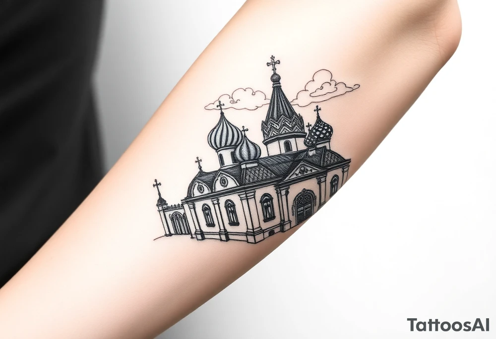highly detailed Russian Orthodox cathedral sitting on fore arm with onion domes and orthodox crosses, done in fine line, engraving-like style. Cohesive composition, black ink only, no color, high contrast, slightly aged, documentary-style, plain light background. with clouds above it and a virgin mary over looking tattoo idea