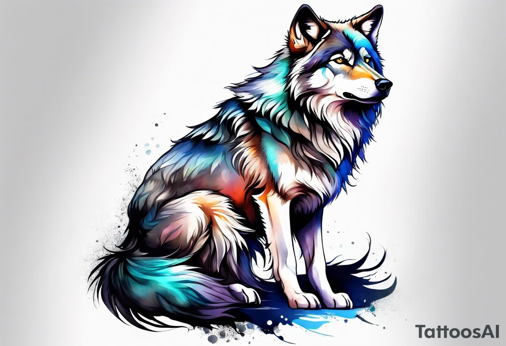 Fluffy wolf sitting upright tattoo idea