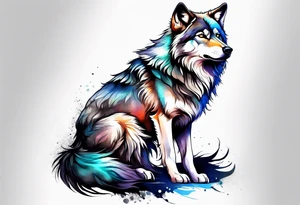 Fluffy wolf sitting upright tattoo idea