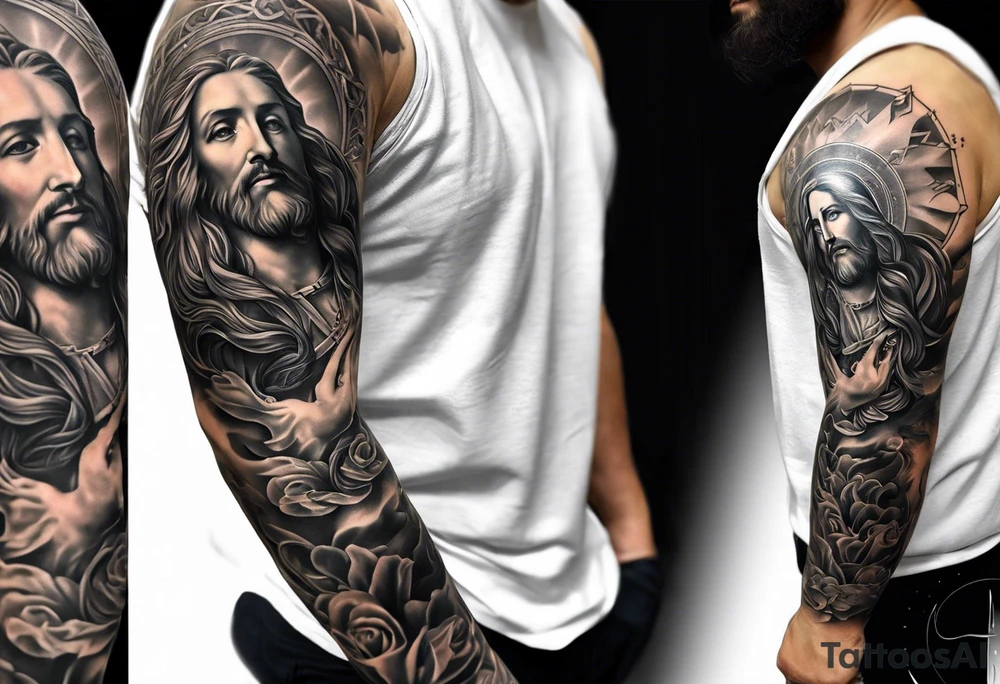 Catholic tattoo sleeve for a man. tattoo idea with Jesus on upper arm looking down tattoo idea