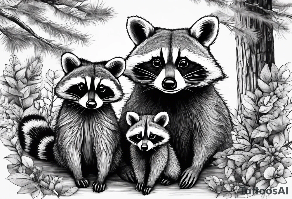 Very detailed Raccoon Husband with wife and child.
Background modern House between woods tattoo idea