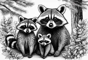 Very detailed Raccoon Husband with wife and child.
Background modern House between woods tattoo idea