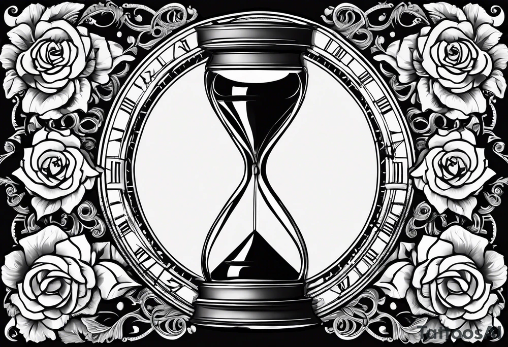 I want a design to print on t-shirts. The design is an hourglass with a wristwatch in the middle with Amazigh numbers, and this watch is surrounded by planets and Ashulk roses. tattoo idea