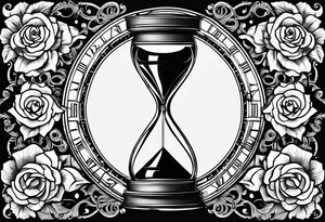 I want a design to print on t-shirts. The design is an hourglass with a wristwatch in the middle with Amazigh numbers, and this watch is surrounded by planets and Ashulk roses. tattoo idea