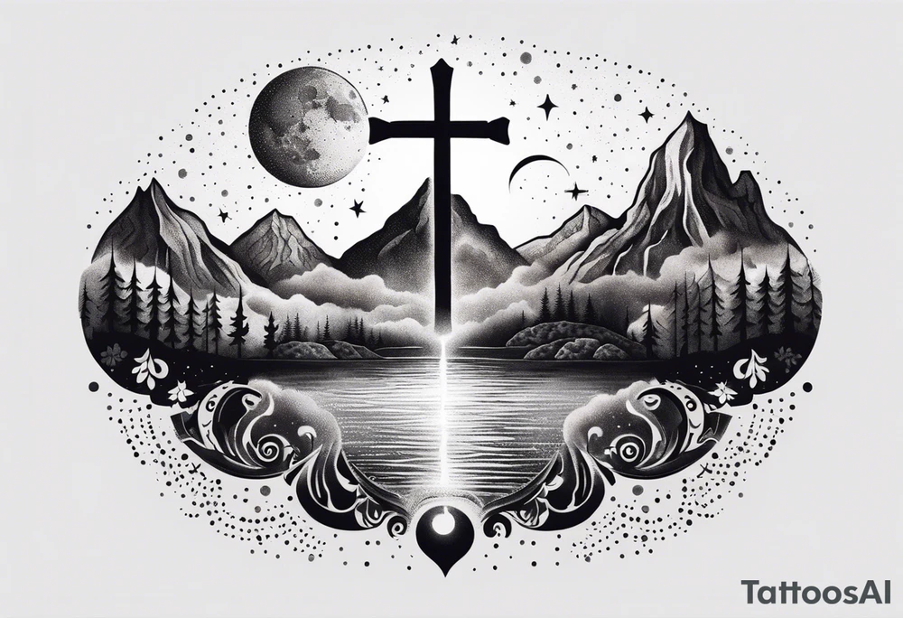 nature with mountains, waterfall, water, and a cross in the background and and moon/sun in the sky with stars tattoo idea