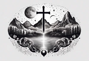 nature with mountains, waterfall, water, and a cross in the background and and moon/sun in the sky with stars tattoo idea
