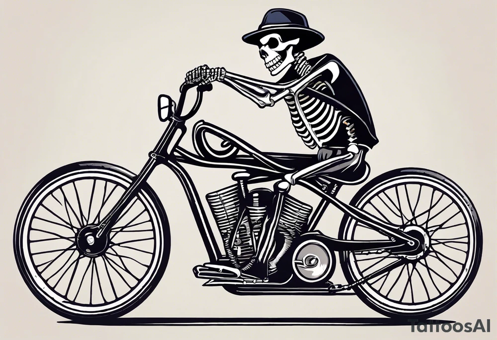skeleton wearing licra and cap rides a racing bicycle. The skeleton is grinning at the viewer. There is no background image tattoo idea