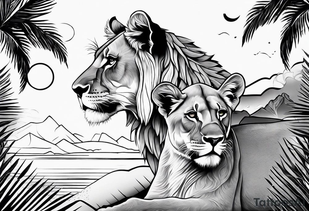 lioness and cub sun palm tree tattoo idea