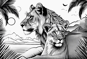 lioness and cub sun palm tree tattoo idea