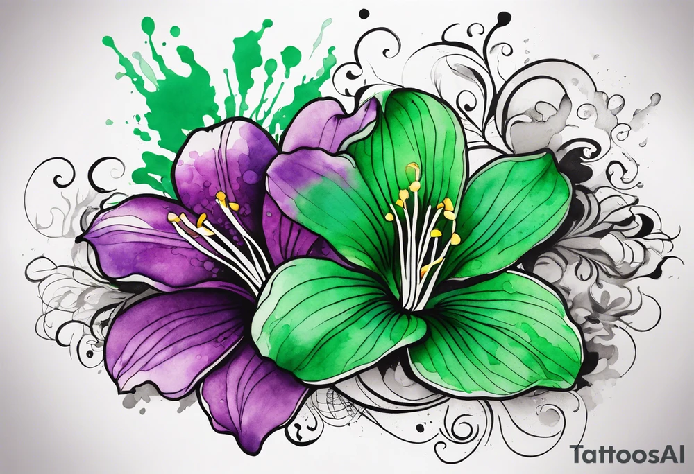 An outline of a rio dipladenia flower with green/purple pedals and a green/purple watercolor splash in the background tattoo idea