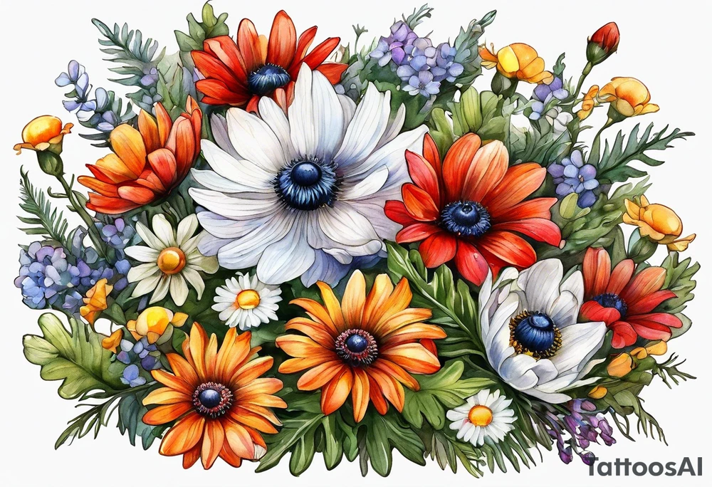 an oval of wildflowers cascading with thistles, ferns, white anemones, sun flowers, red flowers, black flowers, buttercups, orange flowers, babys breath and daisies all in watercolor tattoo idea