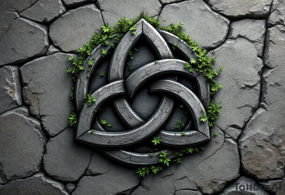 Celtic Trinity Knot with Stone Texture and Vines – A bold, interwoven Celtic triquetra (trinity knot) carved into weathered stone, with fine moss and ivy vines wrapping through the loops. The design is textured like ancient granite, in stone gray, deep forest green, and subtle earthy brown tones, evoking timelessness and natural connection. tattoo idea