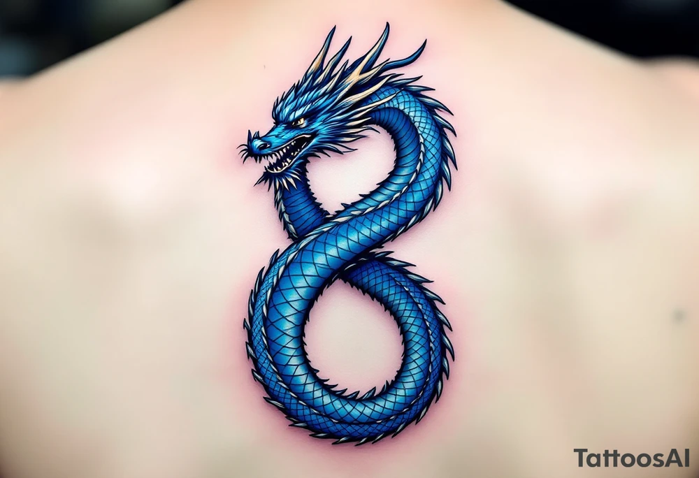 The design features a dragon, coiled in the shape of the infinity symbol (sideways number "8"). The dragon is depicted eating its own tail, symbolizing eternity and continuity, inspired by the Ouroboros.

Details:

The dragon's body has vibrant, glossy blue scales, with a smooth and polished texture.
It maintains a clean, balanced shape in the infinity figure, with sharp details and elegant flow.
Style:

The focus remains on the dragon's form, with no additional background elements to keep the design minimal and modern. tattoo idea