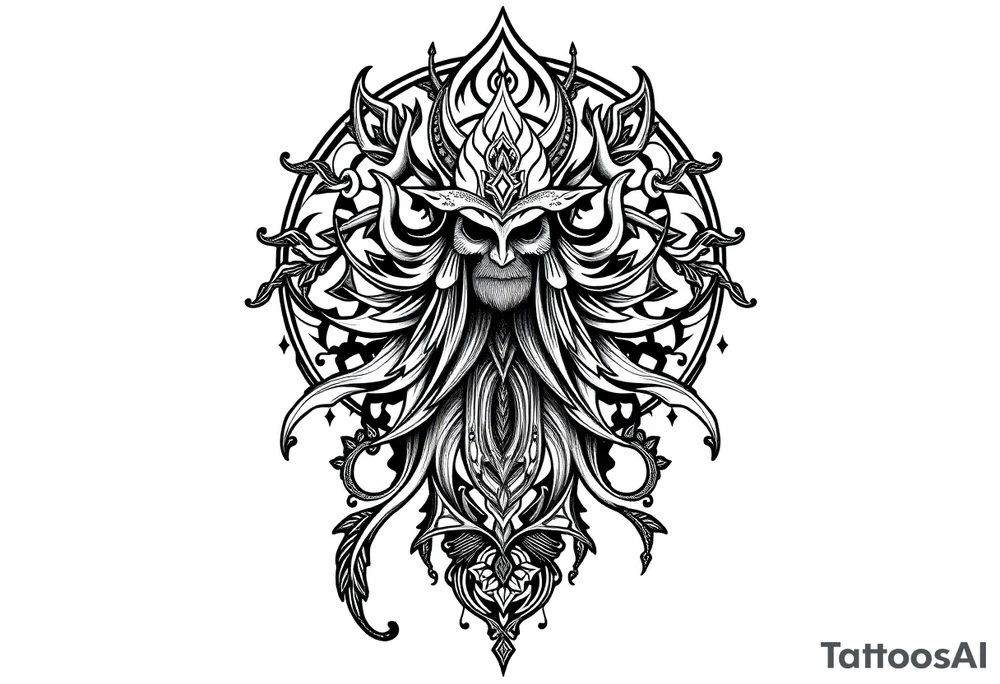 mystical dark and long ornament with shaman and witch mytolog and ancient rhyme tattoo idea