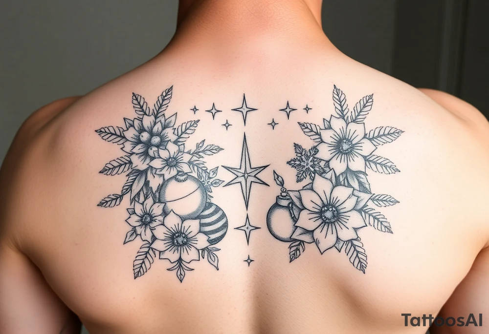 christmas and winter elements surrounded by floral ornaments and stars tattoo idea
