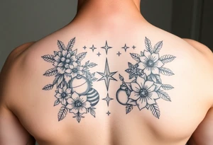 christmas and winter elements surrounded by floral ornaments and stars tattoo idea