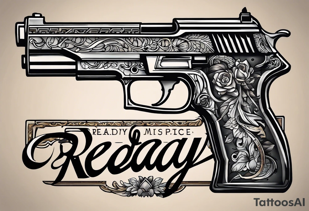 The letters AR with a pistol on each side and the word always on the top and the word ready on the bottom tattoo idea