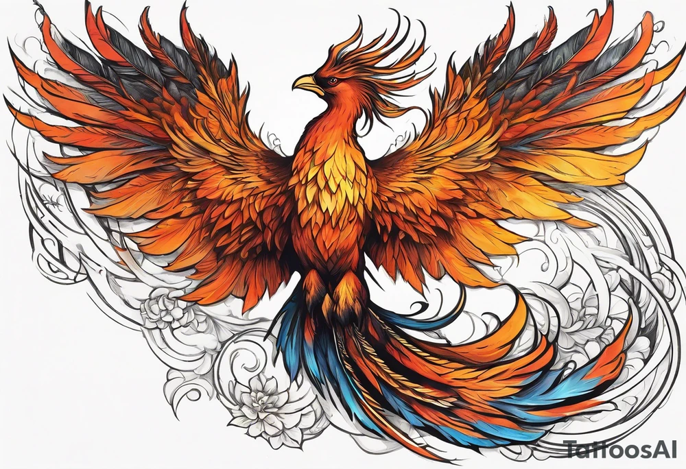 Tattoo: A powerful, majestic phoenix, depicted mid-flight or rising, with wings extended and feathers flowing. Deep shading and intricate details to bring out the texture and motion of the feathers. Style: Semi realism. tattoo idea