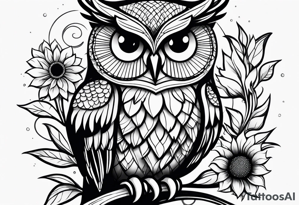 Owl with sunflowers leg sleeve tattoo idea
