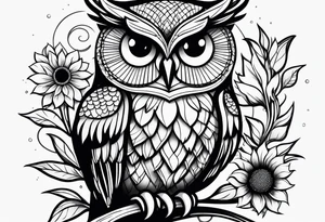 Owl with sunflowers leg sleeve tattoo idea