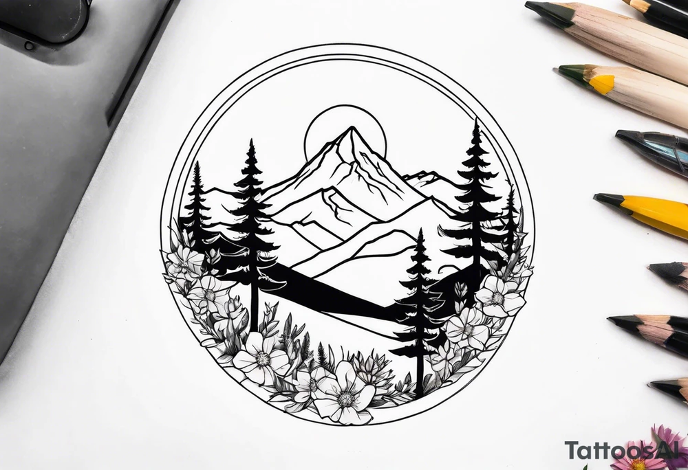 Mountains and trees with wildflowers tattoo idea