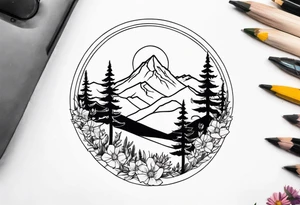 Mountains and trees with wildflowers tattoo idea