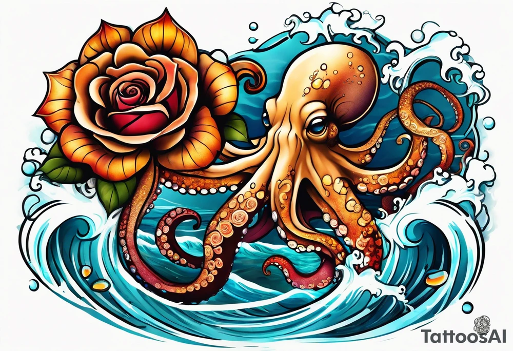 Left thigh tattoo with an octopus in water swirls wrapping around rocks, a rose, in fall colors tattoo idea