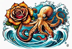 Left thigh tattoo with an octopus in water swirls wrapping around rocks, a rose, in fall colors tattoo idea