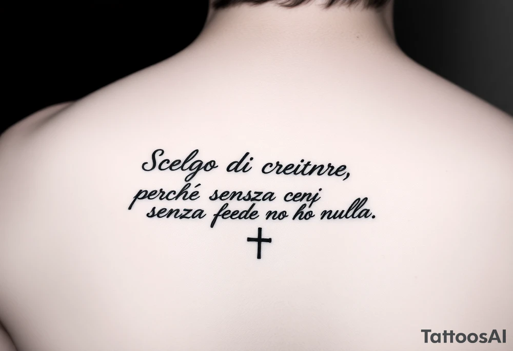 I want a tattoo with the quote “Scelgo di credere, perché senza fede non ho nulla.” Before the quote, I want a small cross. I’d like it to be written in a handwritten, elegant font on a single line, slightly curved to follow the shape of the placement. I want to place it on the lower part of my forearm, from the wrist toward the elbow. tattoo idea