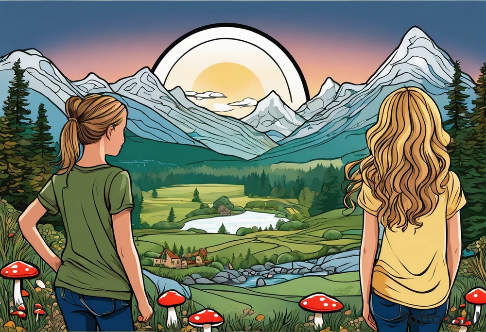 Whole picture encircled fully

Straight long blonde hair celestial girl in distance holding mushrooms in hand facing away toward mountains and creek surrounded by mushrooms long sleeve shirt and hiking pants; whole rendering within a full celtic circle border, no cut off circle

Family with father, mother, soon, 2 daughters foraging tattoo idea