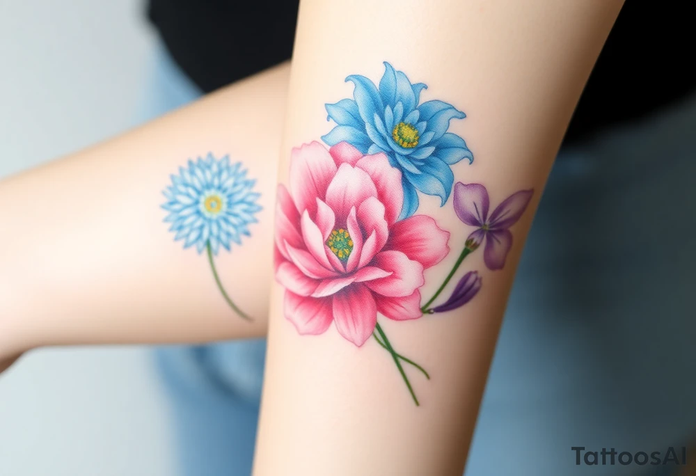 Three separate flowers. Blue Chrysanthemum, pink Peony, and Purple Larkspur. tattoo idea