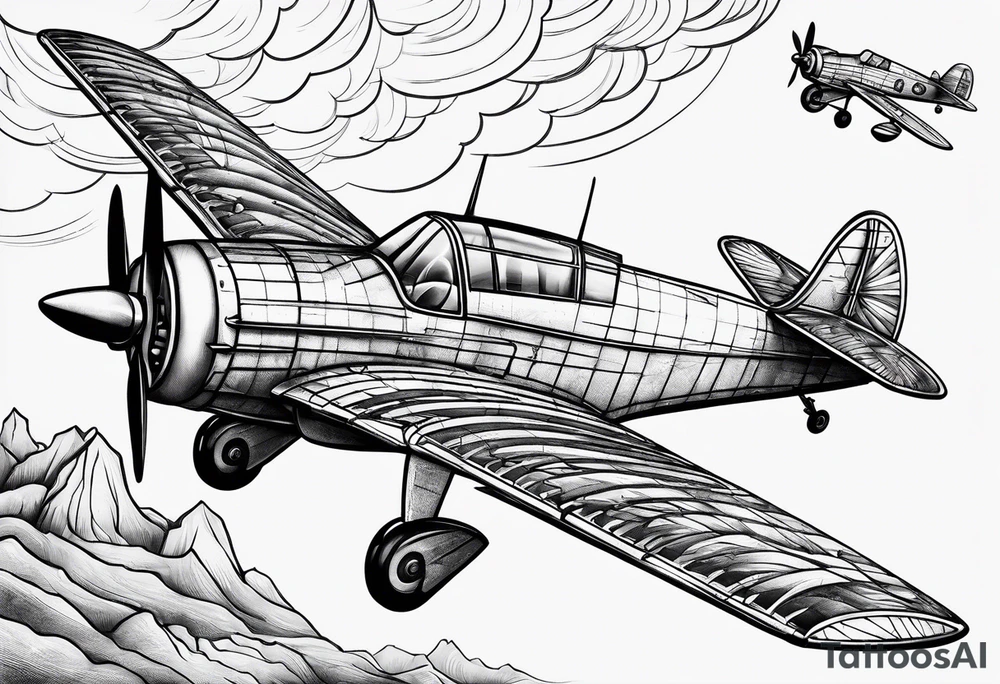 sketch of adventure plane in perspective from the bottom tattoo idea