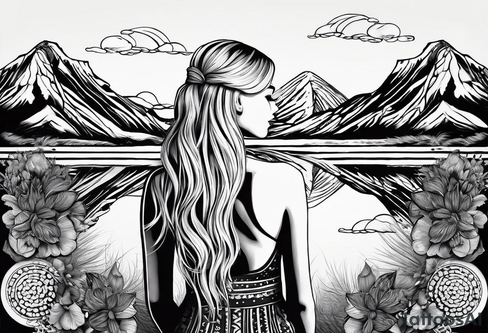 Straight blonde hair girl facing away toward mountains surrounded by mushrooms crescent moon mandala circular design black and white striped dress "8" braided into hair tattoo idea