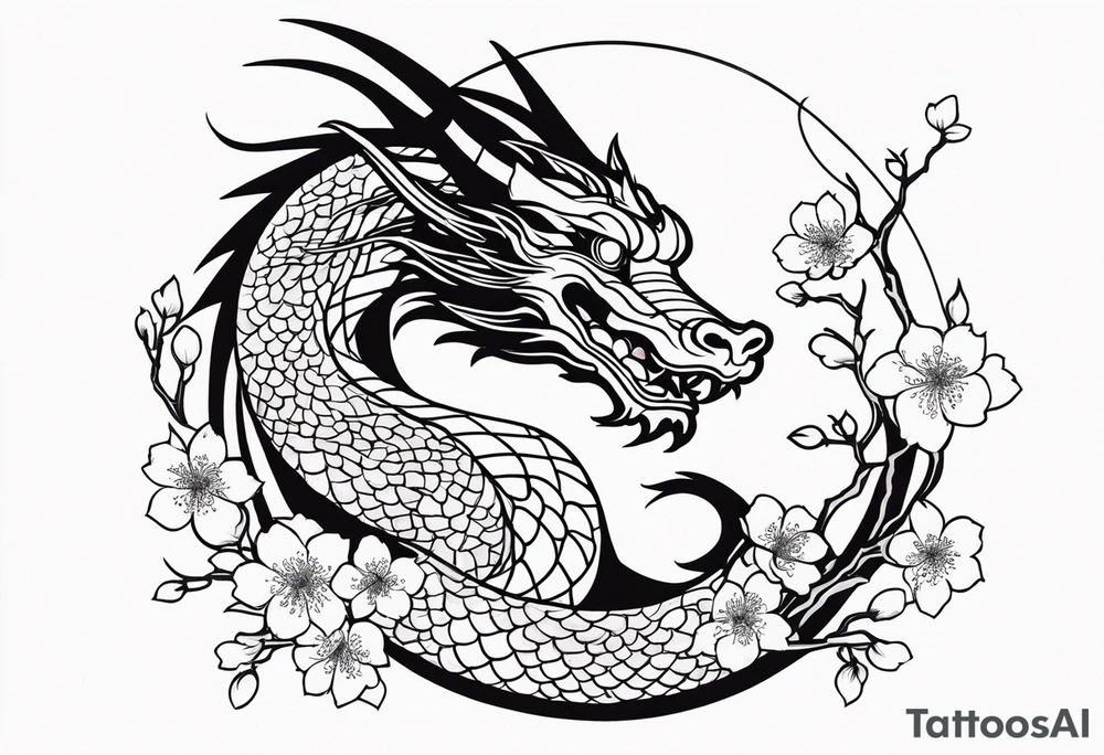 dragon, japanese, female, cherry blossoms, vines, elegant, minimalist, sleek tattoo idea