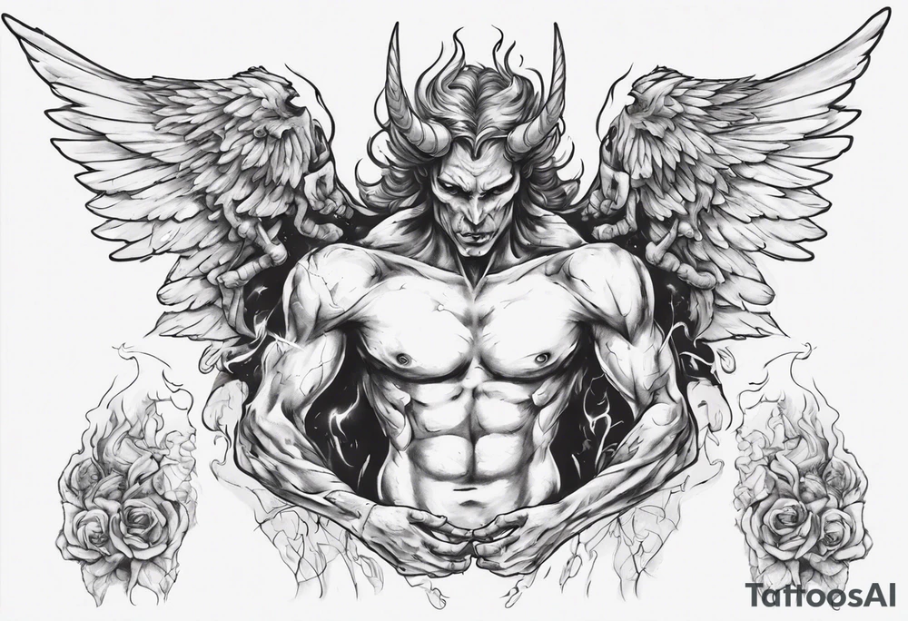 an angel being transformed into a demon while trying to fight back tattoo idea