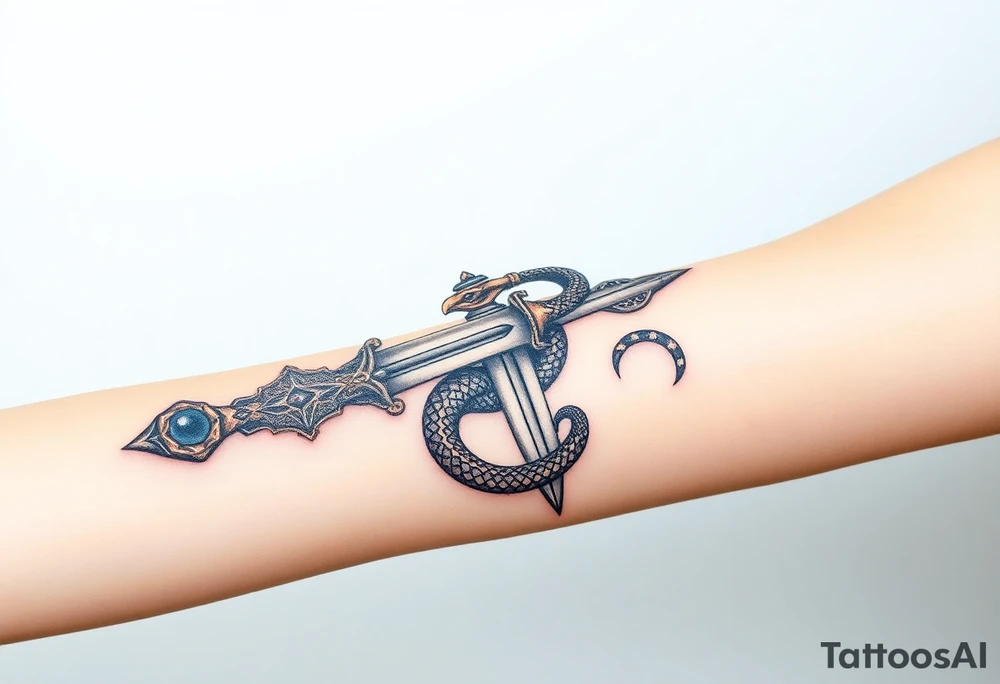 mystical snake coiled around an ancient dagger with jeweled hilt tattoo idea