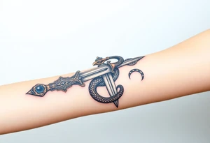 mystical snake coiled around an ancient dagger with jeweled hilt tattoo idea