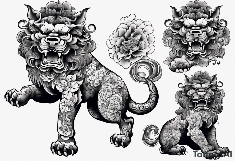 Full body Foo dog left leg sleeve tattoo idea