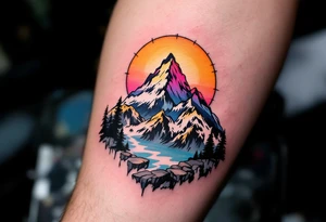 A mountain peak forming the numbers of a clock, bathed in sunrise pinks and purples, representing the climb through life’s challenges. tattoo idea