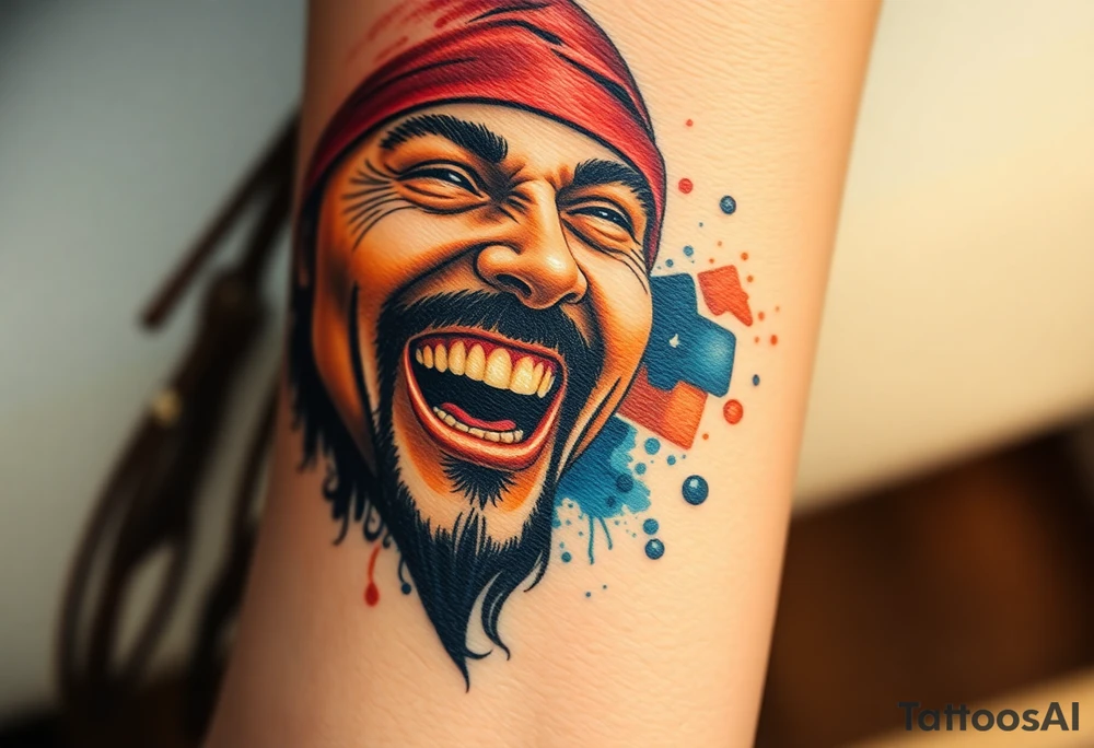 Jack Sparrow laughing wildly, his gold-toothed grin visible, with soft watercolor splashes of rum-colored amber and navy blue behind him tattoo idea