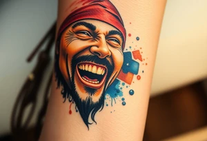 Jack Sparrow laughing wildly, his gold-toothed grin visible, with soft watercolor splashes of rum-colored amber and navy blue behind him tattoo idea