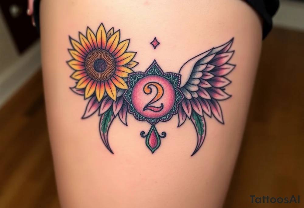 sunflower, wings, or halo with a 2 of clubs tattoo idea