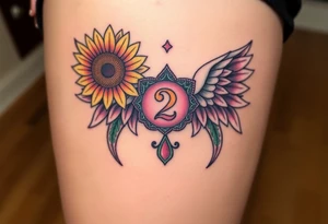 sunflower, wings, or halo with a 2 of clubs tattoo idea