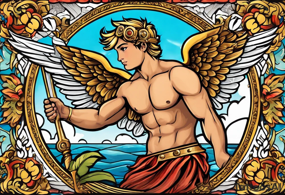 cupido  fly boy with wings, background sea, ancient rome gods tattoo idea