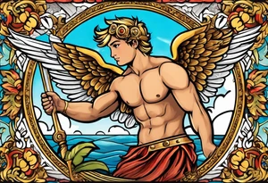 cupido  fly boy with wings, background sea, ancient rome gods tattoo idea