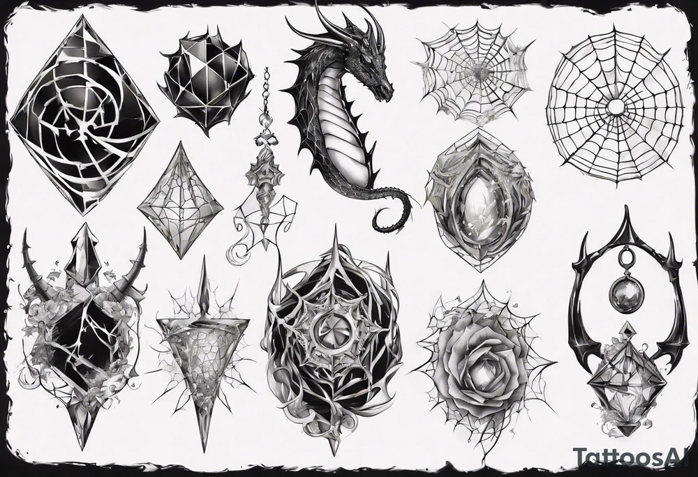 Dragon spiral spiderweb shattered chalices jewels and unicorn horn tattoo idea