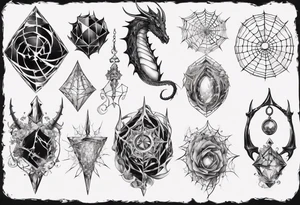 Dragon spiral spiderweb shattered chalices jewels and unicorn horn tattoo idea