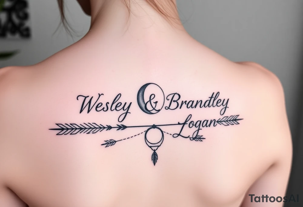 Name tattoo with Wesley, Brantley, Logan with entwined arrows and moons tattoo idea