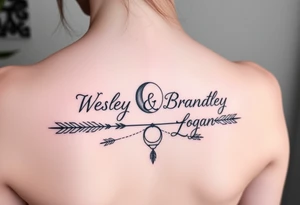 Name tattoo with Wesley, Brantley, Logan with entwined arrows and moons tattoo idea